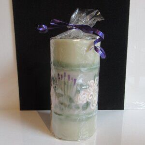 Stylized Flowers on lt Green Pillar Candle, Hand Painted, Helen Radok, Nature